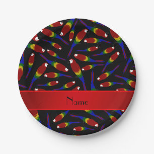 Personalized name black red parrots paper plates