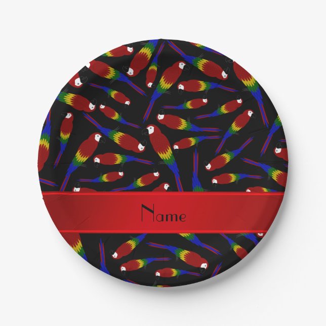 Personalized name black red parrots paper plates (Front)