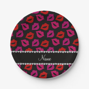 Personalized name black red pink lips paper plates