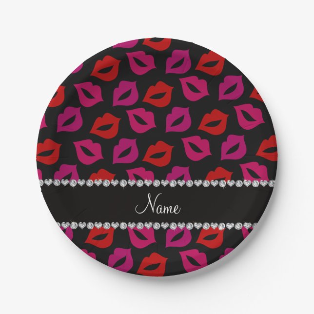 Personalized name black red pink lips paper plates (Front)