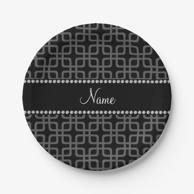 Personalized name black retro squares paper plates (Front)