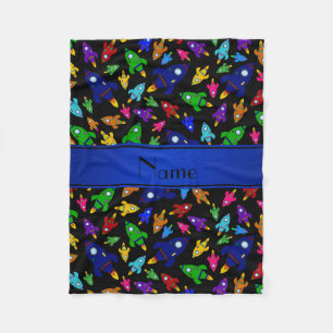 Personalized name black rocket ships fleece blanket
