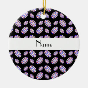 Personalized name black rugby balls ceramic ornament