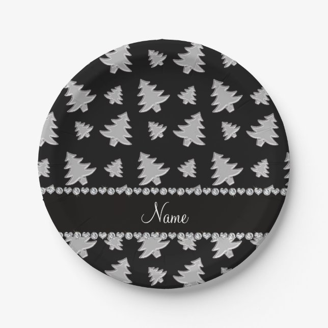 Personalized name black silver christmas trees paper plates (Front)