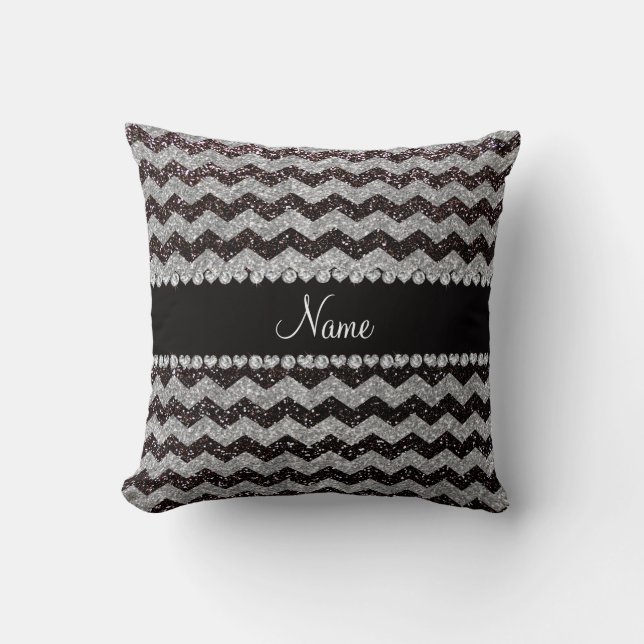 Personalized name black silver glitter chevrons throw pillow (Front)
