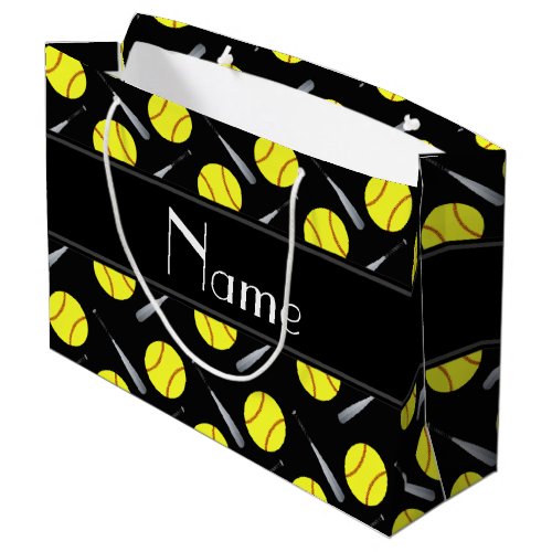 Personalized name black softball pattern large gift bag