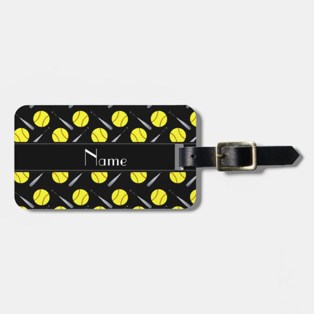 Personalized name black softball pattern luggage tag (Front Horizontal)