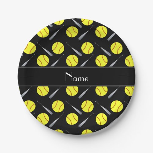 Personalized name black softball pattern paper plates