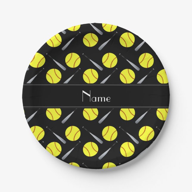 Personalized name black softball pattern paper plates (Front)
