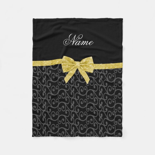 Personalized name black swirls gold glitter bow fleece blanket (Front)