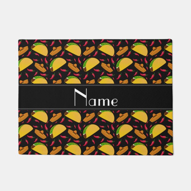 Personalized name black tacos sombreros chilis doormat (Front)