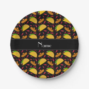 Personalized name black tacos sombreros chilis paper plates
