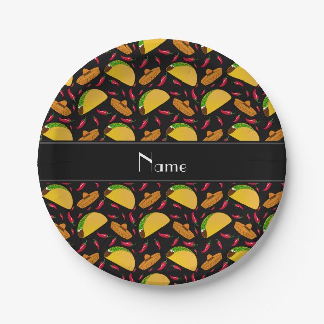 Personalized name black tacos sombreros chilis paper plates (Front)