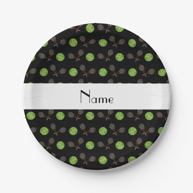 Personalized name black tennis balls paper plates (Front)