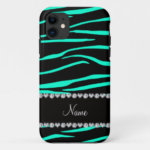 Personalized name black turquoise zebra stripes iPhone 11 case