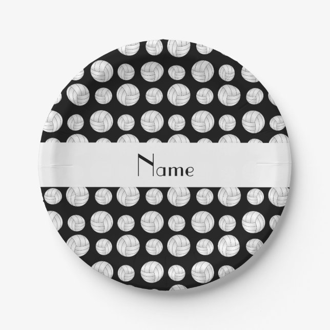 Personalized name black volleyball balls paper plates (Front)
