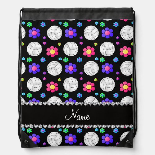 Personalized name black volleyball rainbow flowers drawstring bag