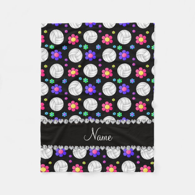 Personalized name black volleyball rainbow flowers fleece blanket (Front)