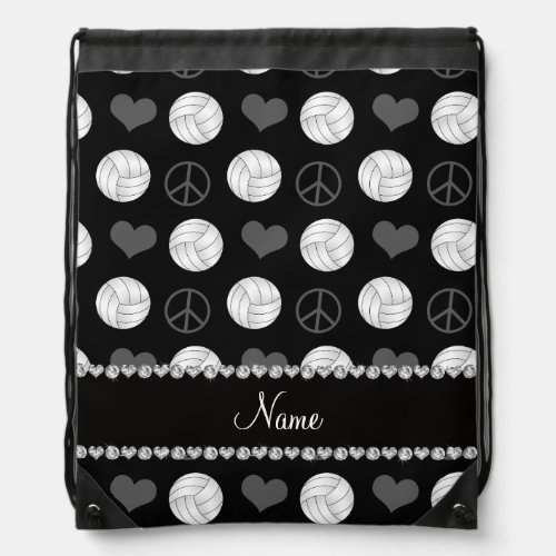 Personalized name black volleyballs peace hearts drawstring bag