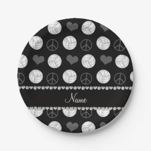 Personalized name black volleyballs peace hearts paper plates