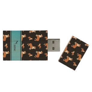 Personalized name black Welsh corgi pembroke dogs Wood USB Flash Drive