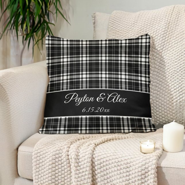 Personalized Name Black White Buffalo Check  Throw Pillow (Personalized names/established date black white checkered, buffalo plaid pillow)
