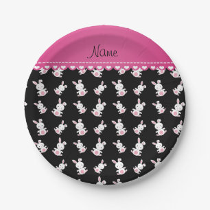 Personalized name black white bunnies pink stripe paper plates