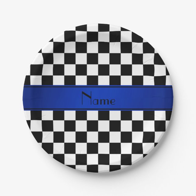 Personalized name Black white checkers blue stripe Paper Plates (Front)