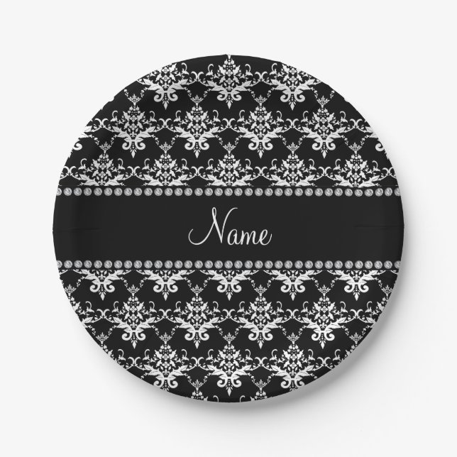Personalized name black white damask paper plates (Front)