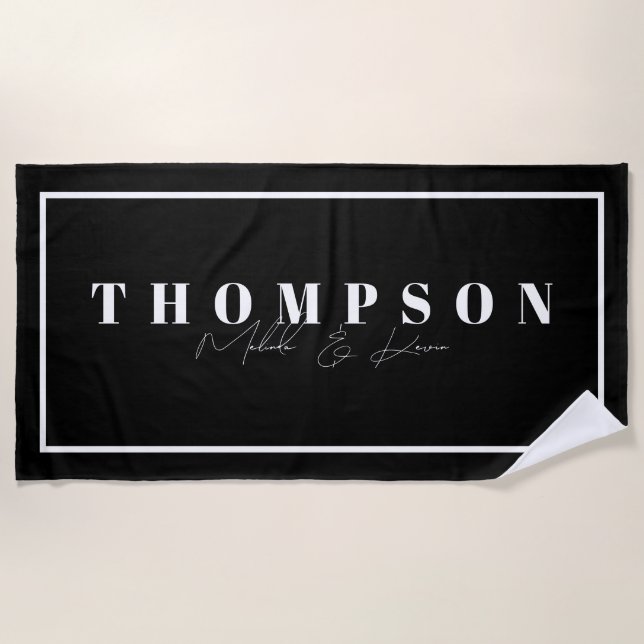 Personalized Name Black & White Elegant Beach Towel (Front)