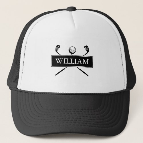Personalized Name Black White Golf Ball And Clubs Trucker Hat