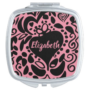 Personalized Name, Black White Pink leaves pattern Compact Mirror