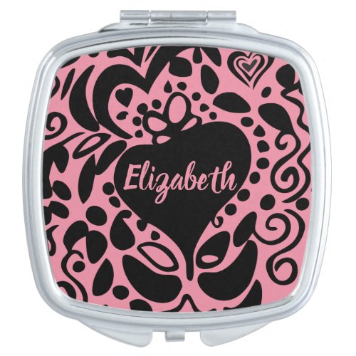 Personalized Name Black White Pink leaves pattern Compact Mirror