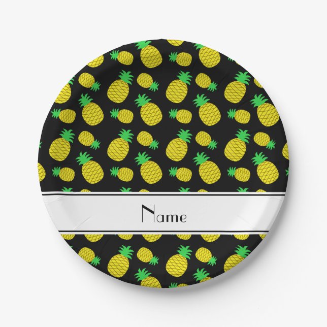 Personalized name black yellow pineapples paper plates (Front)