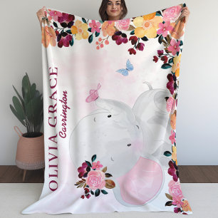 Personalized Name Blanket with Elephant + Flowers