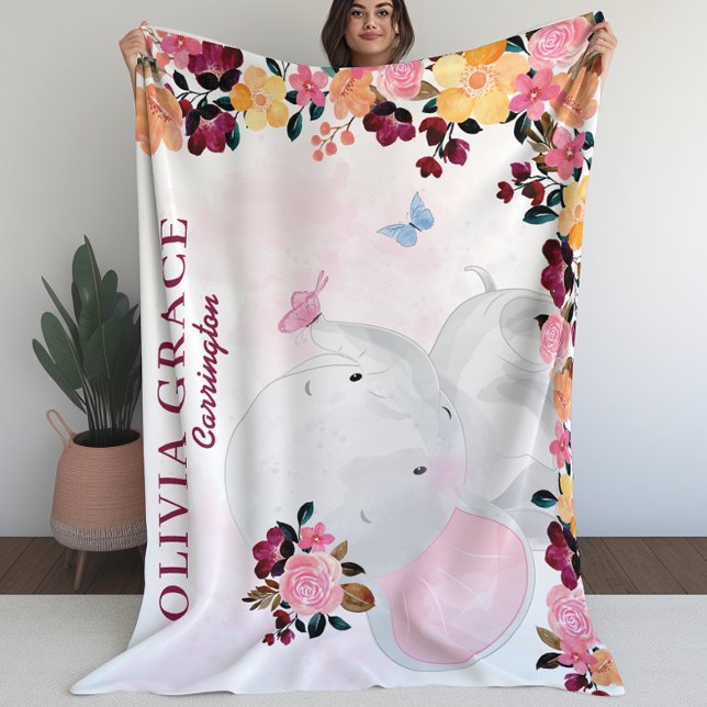 Personalized Name Blanket with Elephant + Flowers (Personalized Name Blanket with Elephant + Flowers (L))