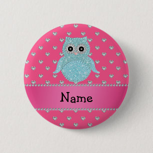 Personalized name bling owl diamonds pink hearts button