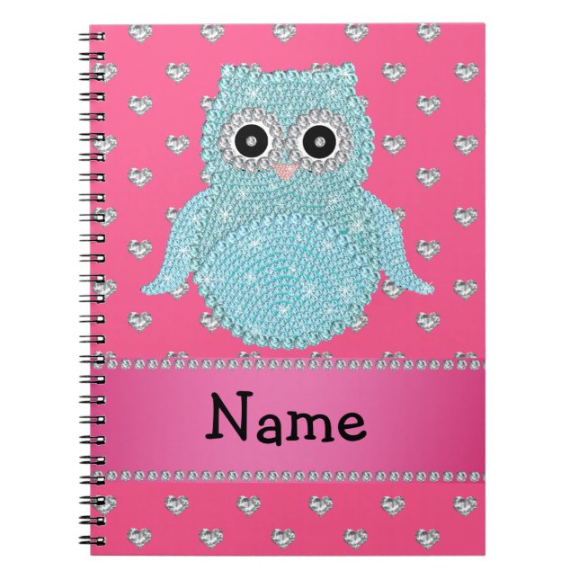 Personalized name bling owl diamonds pink hearts notebook (Front)