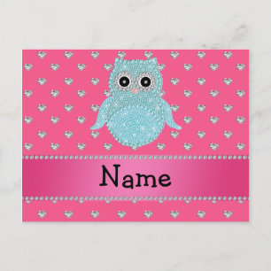 Personalized name bling owl diamonds pink hearts postcard