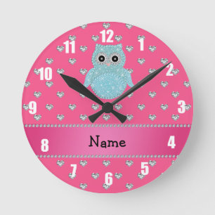 Personalized name bling owl diamonds pink hearts round clock