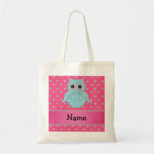 Personalized name bling owl diamonds pink hearts tote bag
