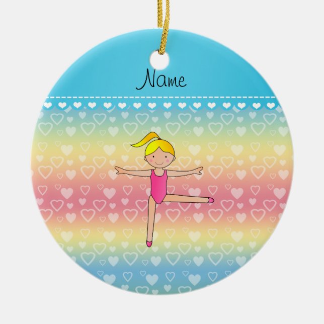 Personalized name blonde gymnast rainbow hearts ceramic ornament (Front)