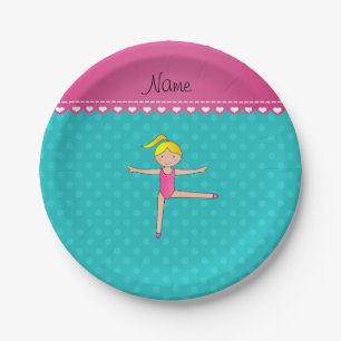 Personalized name blonde gymnast turquoise dots paper plates
