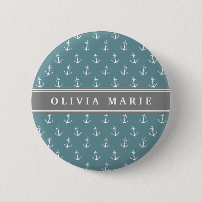 Personalized Name Blue Anchor Pattern Pinback Button (Front)
