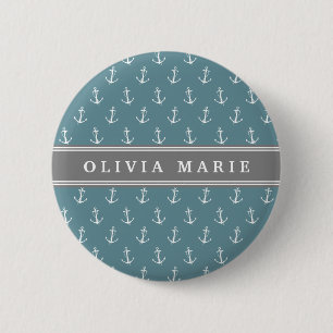 Personalized Name Blue Anchor Pattern Pinback Button
