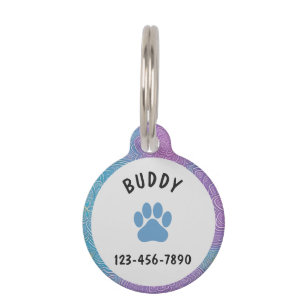 Personalized Name Blue and Purple Floral Paw Print Pet ID Tag