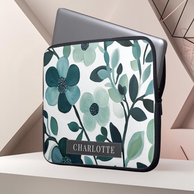 Personalized Name Blue Aqua Floral Vines  Laptop Sleeve (Creator Uploaded)