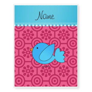 Personalized name blue bird pink retro flowers temporary tattoos