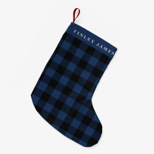 Personalized Name Blue Black Buffalo Plaid Rustic Small Christmas Stocking