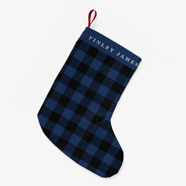 Personalized Name Blue Black Buffalo Plaid Rustic Small Christmas Stocking (Front (Hanging))